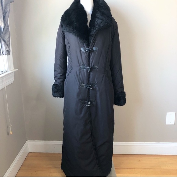 Vintage Women's Black Faux Fur collar Toggle buttons Long Maxi Coat M/L - Picture 8 of 15